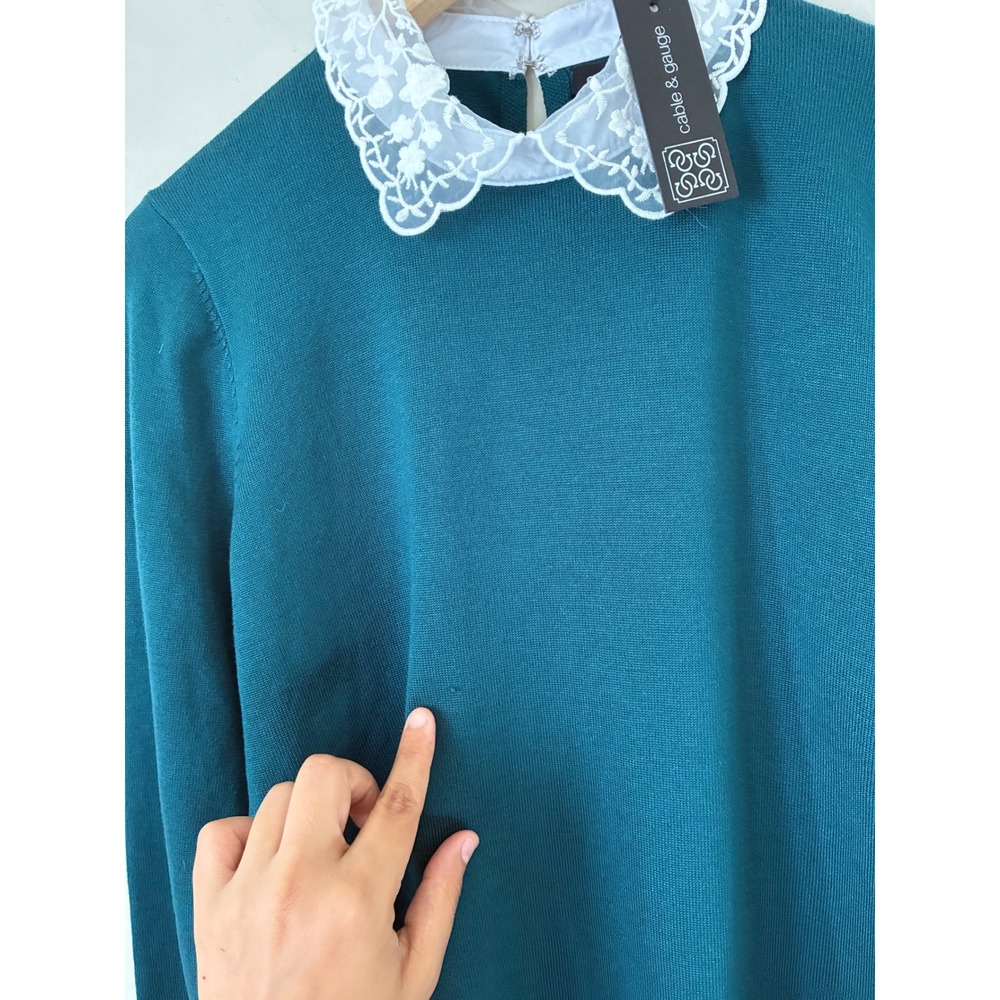 Cable & Gauge Teal Green Lace Collar Sweater NWT L Floral Peter Pan Knit Casual - Picture 5 of 9